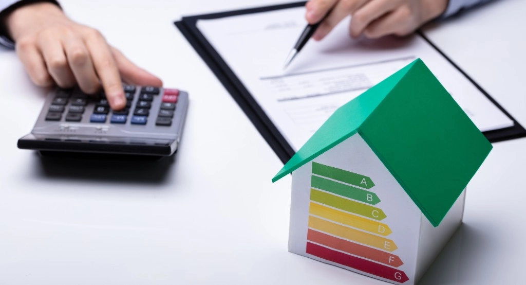 Tervezőasztal, ahol számológéppel számol a férfi