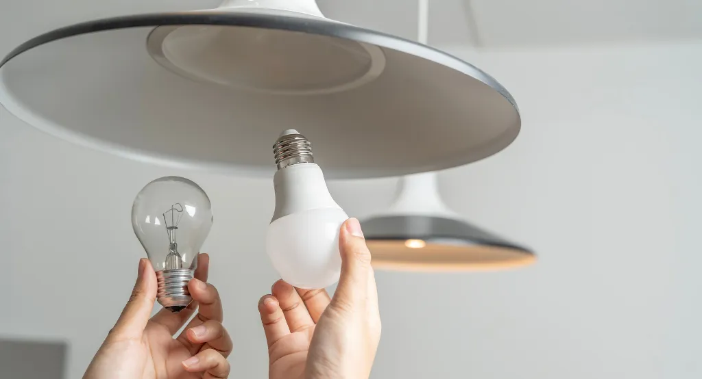 Egy kéz a lámpában fényforrást cserél normált, LED-.re